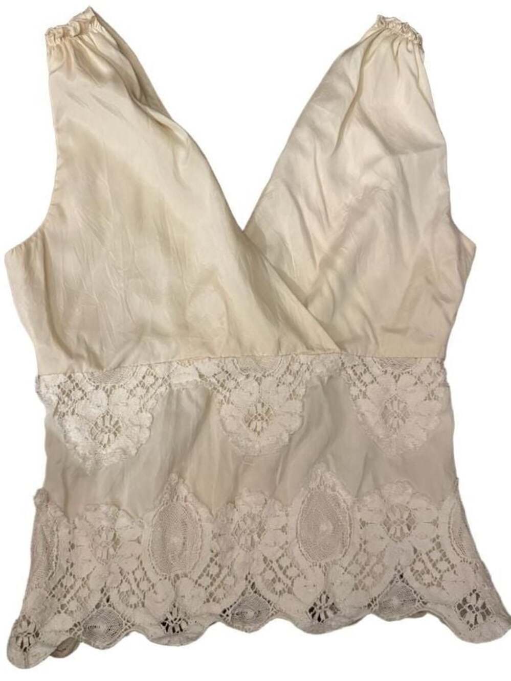 Elie Tahari Cream Silk Wrap V-Neck Tank Top with Lace Trim